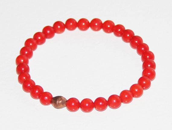 Rose Gold Natural 6mm Red Red Coral Stretchable Bracelet Round, Smooth 18cm for mens, womens, gf, bf and adults.