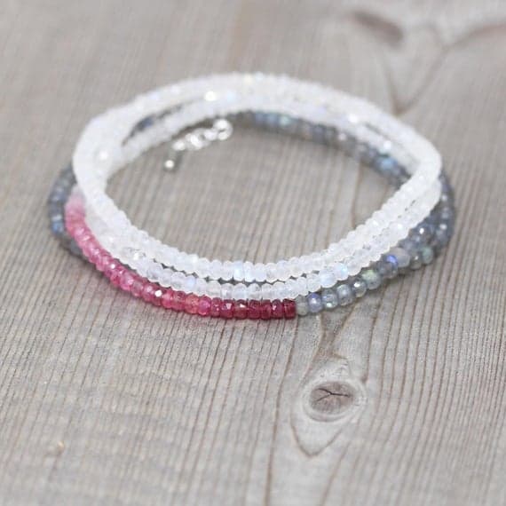 925 sterling Silver Empath Protection 3.5-4mm stacking Multi Ombre Ruby, Rainbow Moonstone & Labradorite  Necklace Rondelle, Faceted 16" for mens, womens, gf, bf & Adult.