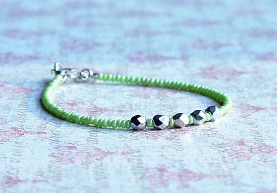 Green And Silver Seed Bead Bracelet, Beaded Bracelet, Stacking Bracelet, Minimalist Bracelet, Czech Glass Beads Bracelet, Simple Bracelet 3-5mm Code- WAR9111