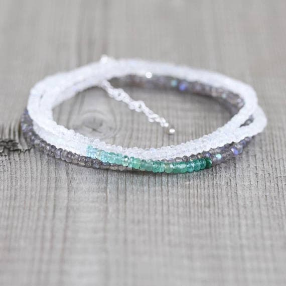 925 sterling Silver Grounding 3mm stacking Multi Emerald, Rainbow Moonstone & Labradorite Necklace Rondelle, faceted 16" for mens, womens, gf, bf & Adult.