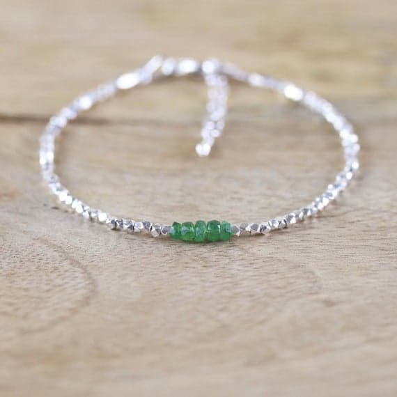 925 sterling Silver Rock Gift 3mm stacking Green Tsavorite Garnet Bracelet Rondelle, Faceted 7" for mens, womens, gf, bf & Adult.