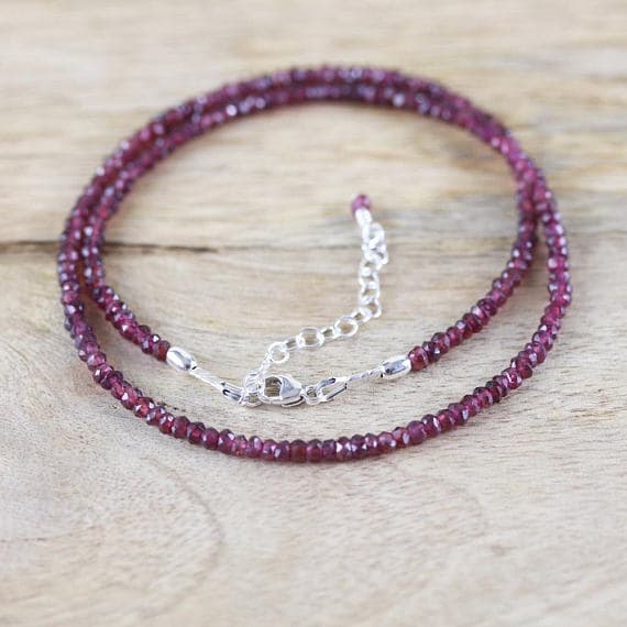925 sterling Silver Grounding 3-3.5mm stacking red Rhodolite Garnet Necklace Rondelle, Faceted 16" for mens, womens, gf, bf & Adult.