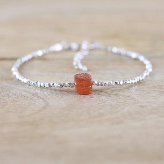 925 sterling Silver Anxiety Relief Calming 6-7mm stacking Orange Sunstone Bracelet Box, Faceted 7" for mens, womens, gf, bf & Adult.