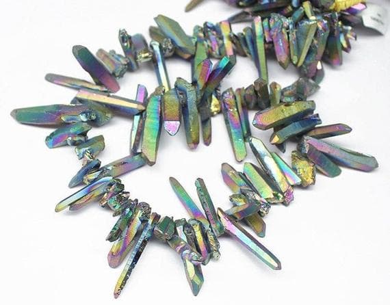1 strand titanium quartz pencil rough rock by hammered 8'' long strand gemstone beads, jewelry supplies for jewelry making,  for meditation jewellery for Reiki Healing  size 16mm to 40mm