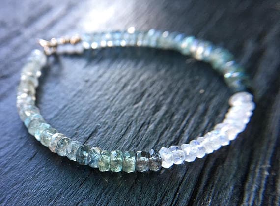 24k gold Plated Anxiety Relief Calming Gold Helling 3.5-4mm stacking Multi Moss Aquamarine Moonstone  Bracelet Rondelle, Faceted 7" for mens, womens, gf, bf & Adult.