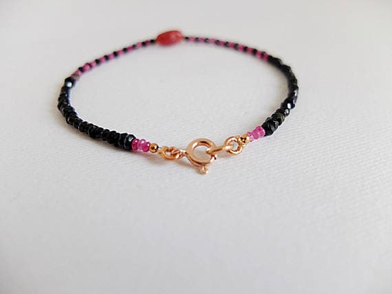AAA++ Rare Quality Natural Black Spinel & Ruby Layering minimalist skinny bracelet, rose Gold  filled pink ruby,Gemstone bracelet, slender black and pink 2 mm Code- TJH78
