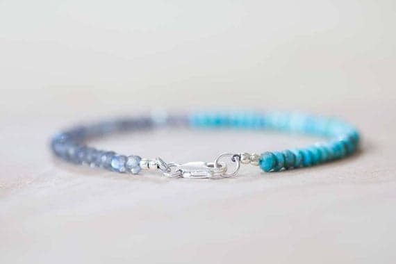 925 sterling silver Anxiety Gemstone 4mm Multi Colour Turquoise & Labradorite  stacking Bracelet Rondelle, Faceted 18cm for mens, womens, gf, bf and adults.