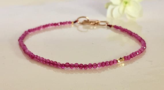 tiny rubies and gold bead bracelet, tiny ruby bracelet, gold and ruby bracelet, deep pink ruby bracelet, simple ruby and gold bracelet 3mm Code- WAR6094