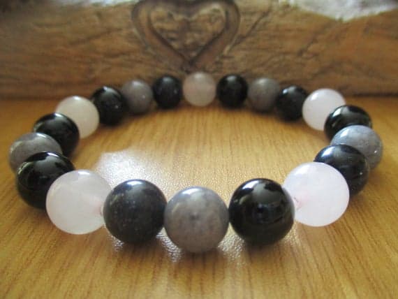 Anxiety Gemstone 10mm Multi Colour Rose Quartz, Grey Agate  Stretchable Bracelet Round, Smooth 18cm for mens, womens, gf, bf and adults.