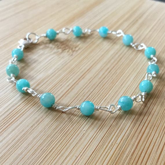 925 sterling Silver Anxiety Relief Calming 4mm stacking Sky Blue Amazonite Bracelet Round, Smooth 7" for mens, womens.