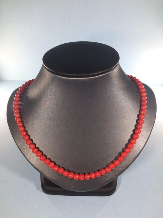 925 sterling Silver Anxiety Gemstone 4-5mm stacking Red Coral Necklace Round, Smooth 16" for mens, womens, gf, bf & Adult.