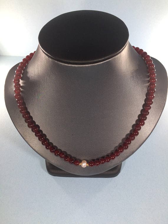 24k gold Plated Grounding Gold Helling  4-5mm stacking Red Garnet Necklace Round, Smooth 16" for mens, womens, gf, bf & Adult.