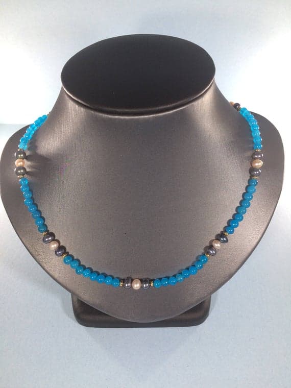 24k gold Plated Blush Jewelry 4-5mm stacking Multi Pearl and Agate Necklace Round, Smooth 16" for mens, womens, gf, bf & Adult.