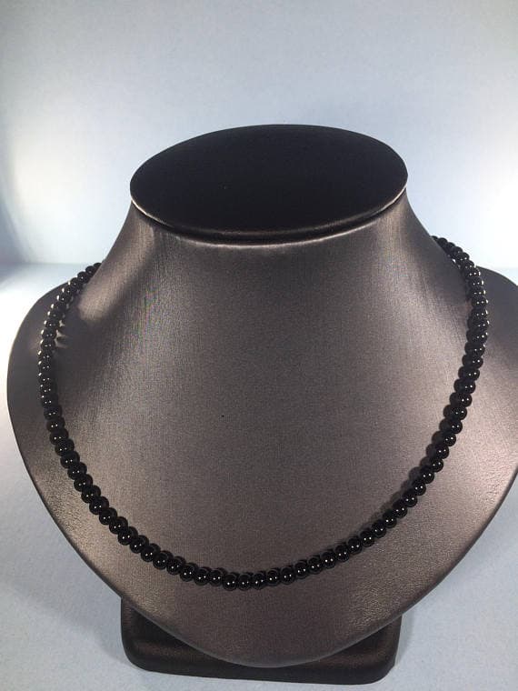925 sterling Silver Anxiety Gemstone 4-5mm stacking Black Agate Necklace Round, Smooth 16" for mens, womens, gf, bf & Adult.