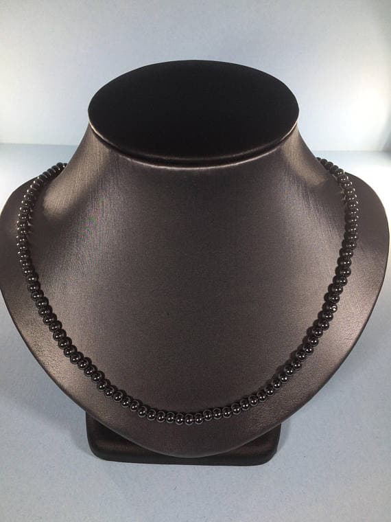 925 sterling Silver Artisan Loose 4-5mm stacking Black Pearl Necklace Rondelle, Smooth 16" for mens, womens, gf, bf & Adult.