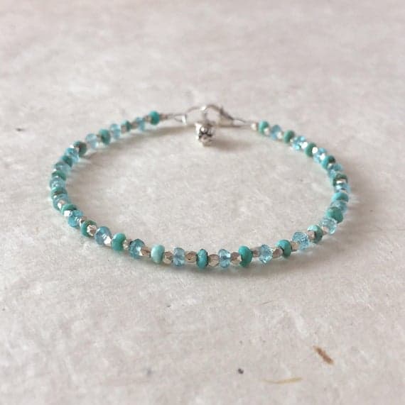 Arizona Sleeping Beauty Turquoise Caribbean Blue Apatite Karen Hill Tribe Thai Silver Beaded Bracelet, Sundance Style, Dainty Bracelet 3-4mm Code- WAR6481