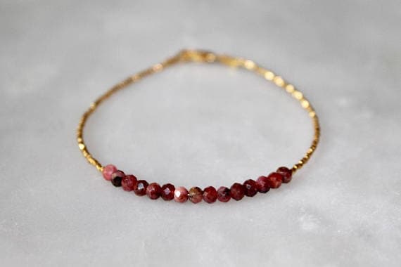 Thin Ruby & Gold Bracelet | Dainty Ruby Beaded Bracelet | Natural Ruby Bracelet | Simple Handmade Gemstone Bracelet 3mm  Code- WAR6060