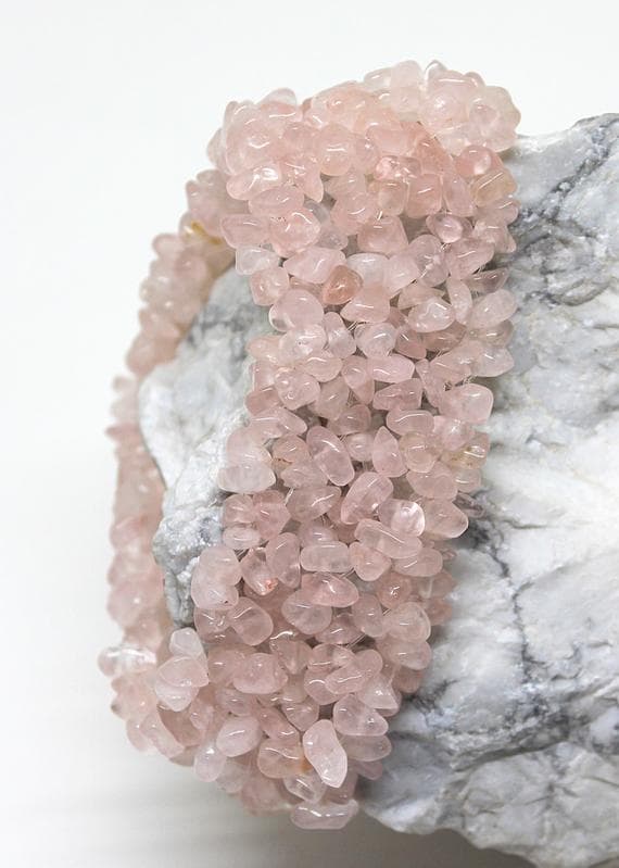 good luck gift 3x4 mm Stretchable pink Rose quartz Bracelet Chip Shape, Smooth 7" for mens, womens, GF, BF, Adults.