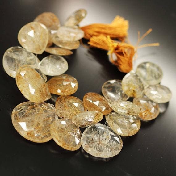 1 strand rutile quartz heart drop faceted 9'' long strand gemstone beads, jewelry supplies for jewelry making, bulk beads, for meditation jewellery for Reiki Healing  gemstone size 22mm to 38mm