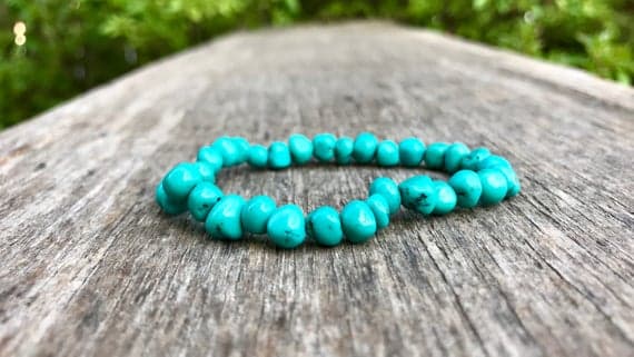 Grounding 7mm Stretchable Blue Turquoise Bracelet Nugget, Smooth 7" for mens, womens, gf, bf & Adult.
