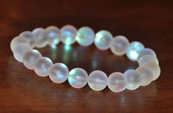 Unique Wedding Gift 8mm White Moonlight Quartz Stretchable Bracelet Round, Smooth 18cm for mens, womens, gf, bf and adults.