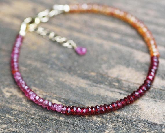 925 sterling Silver Empath Protection 2.5-3mm stacking Multi Natural Padparadscha Sapphire , Red Spinel and Rhodolite Garnet Bracelet Rondelle, Faceted 7" for mens, womens, gf, bf & Adult.