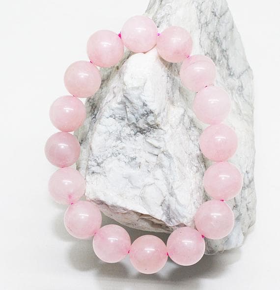 Natural 12mm Stretchable pink Rose Quartz Bracelet Round, Smooth 7.5" for mens, womens, GF, BF, Adults.