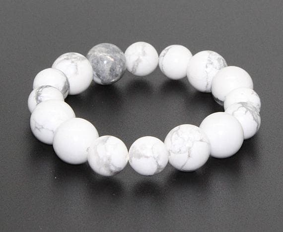 memorial gift 10-12mm Stretchable white Howlite Bracelet Round, Smooth 7.5" for mens, womens, GF, BF, Adults.