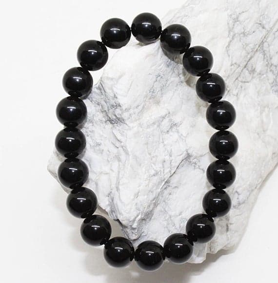 Empath Protection 10mm Stretchable black Black Onyx Bracelet Round, Smooth 7.5" for mens, womens, GF, BF, Adults.