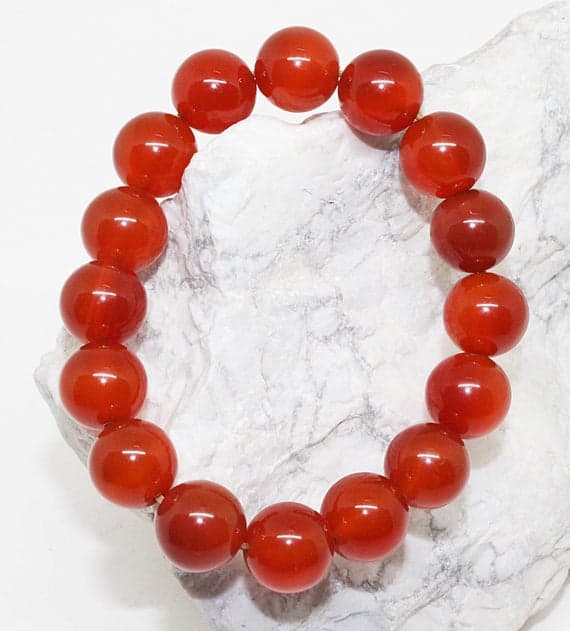 chakras simple 12mm Stretchable Orange Carnelian Bracelet Round, Smooth 7.5" for mens, womens, GF, BF, Adults.