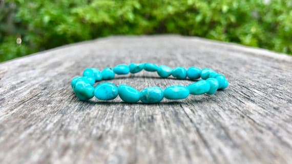 good luck gift 7-10mm Stretchable Blue Turquoise Bracelet Nugget, Smooth 7" for mens, womens, gf, bf & Adult.