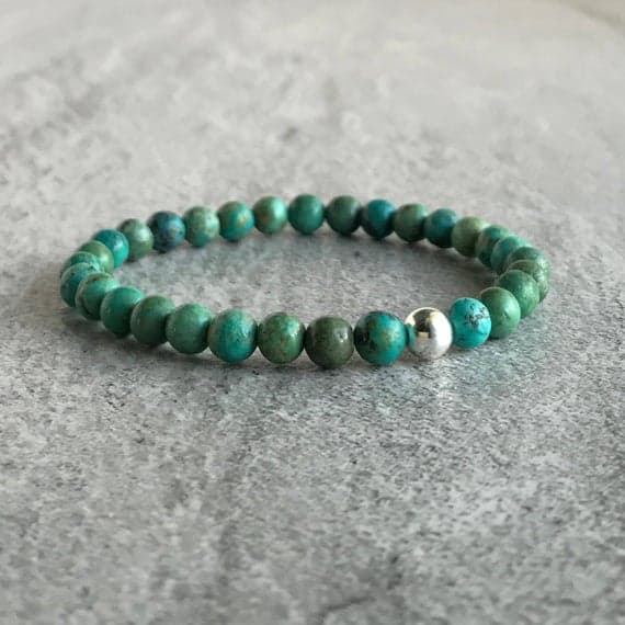 925 sterling silver Personalized Gift 6mm Green Genuine Turquoise Stretchable Bracelet Round, Smooth 18cm for mens, womens, gf, bf and adults.