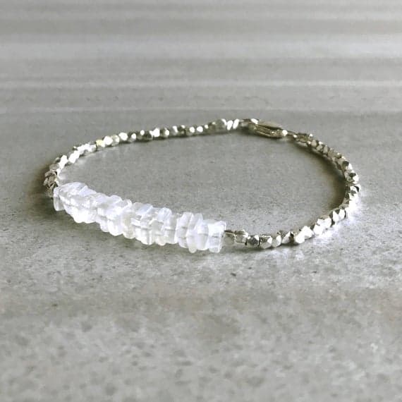 925 sterling silver Rock Gift 5mm White Rainbow Moonstone stacking Bracelet Square, Smooth 18cm for mens, womens, gf, bf and adults.