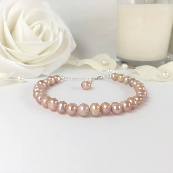 925 sterling Silver chakras simple 6-7mm stacking Pink Pearl Bracelet Round, Smooth 7" for mens, womens, gf, bf & Adult.