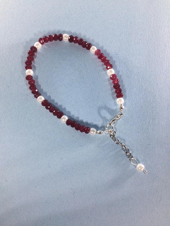 925 sterling Silver Anxiety Gemstone 6-7mm stacking Red & White Ruby and Pearl  Bracelet Round & Rondelle, Faceted & Smooth 7" for mens, womens, gf, bf & Adult.