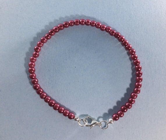 925 sterling Silver Empath Protection 4-5mm stacking Red Wine Pearl Bracelet Round, Smooth 7" for mens, womens, gf, bf & Adult.