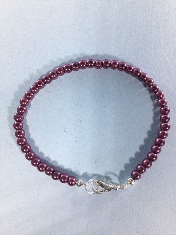 925 sterling Silver Grounding 4-5mm stacking Purple Purple Pearl  Bracelet Round, Smooth 7" for mens, womens, gf, bf & Adult.