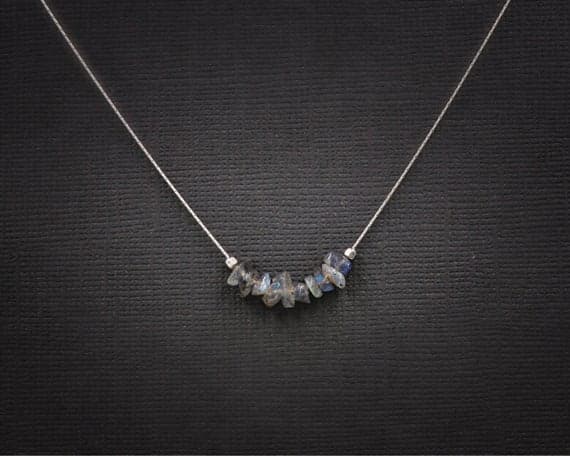 925 sterling Silver Artisan Loose 4x6mm stacking Gray Labradorite Necklace Chips, Smooth 16" for mens, womens, gf, bf & Adult.