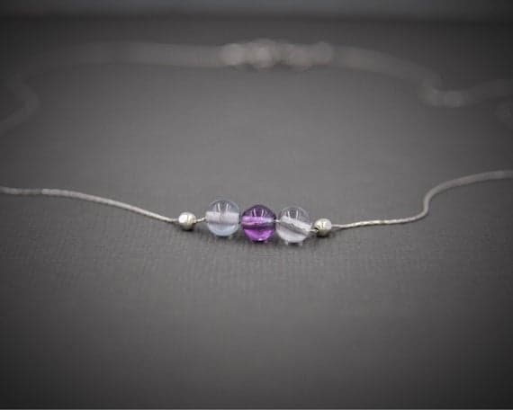 925 sterling Silver Personalized Gift Silver Helling 4mm stacking Purple Rainbow Fluorite Necklace Round, Smooth 16" for mens, womens, gf, bf & Adult.