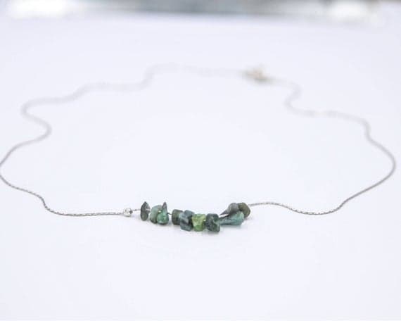 925 sterling Silver Natural 4x6mm stacking Green Raw Emerald Necklace Chips, Smooth 16" for mens, womens, gf, bf & Adult.