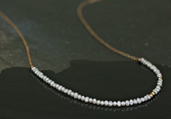 24k gold Plated Anniversary Gift Gold Helling 3-4mm stacking White Pearl Necklace Rondelle, Smooth 16" for mens, womens, gf, bf & Adult.