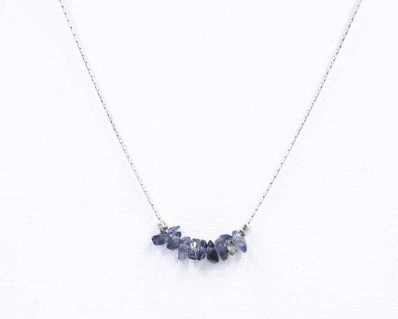 925 sterling Silver Dainty Slave Loose 4x6mm stacking Blue Iolite Necklace Chips, Faceted 16" for mens, womens, gf, bf & Adult.