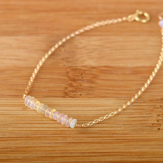 24k gold Empath Protection 3mm White Ethiopian Opal  stacking Bracelet Rondelle, Smooth 18cm for mens, womens, gf, bf and adults.