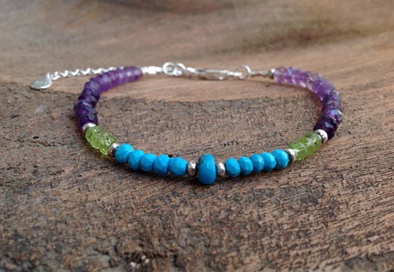Dainty Bracelet, Turquoise Sleeping Beauty, Peridot, Shaded Amethyst, Karen Hill silver, Sterling Silver, Bohemian Chic 3.5 mm Code- WAR6356