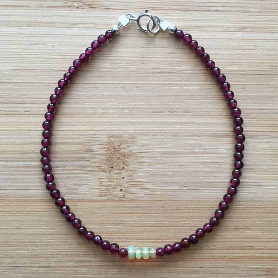 925 sterling Silver Anxiety Gemstone 2mm stacking Pink & White Ethiopian Opal and Garnet Bracelet Round, Smooth 7" for mens, womens.