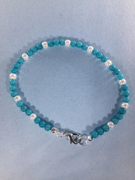 925 sterling Silver good luck gift 4-5mm stacking Blue & White Turquoise and Pearl Bracelet Round, Smooth 7" for mens, womens, gf, bf & Adult.