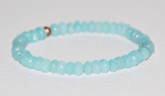 Rose Gold Dainty Slave Loose 4mm Sky Blue Genuine Aquamarine Stretchable Bracelet Rondelle, Faceted 18cm for mens, womens, gf, bf and adults.