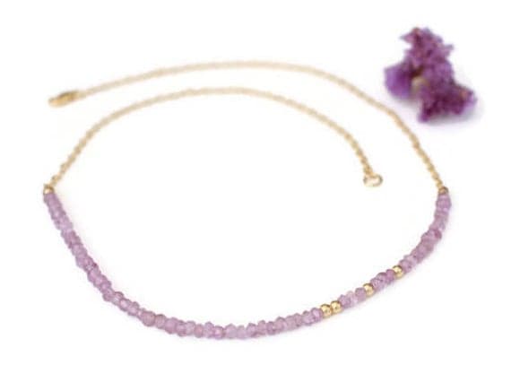 24k gold Plated Artisan Loose Gold Helling 3-4mm stacking Purple Amethyst Necklace Rondelle, Faceted 16" for mens, womens, gf, bf & Adult.