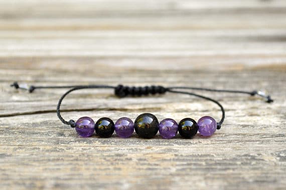 Super sale 8mm adjustable Purple & black Black Tourmaline & Amethyst Bracelet Round, Smooth 7" for mens, womens, GF, BF, Adults.