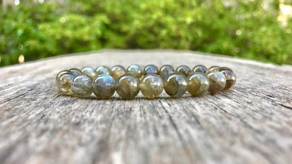 Handmade Beaded 8mm Stretchable Gray Natural Labradorite  Bracelet Round, Smooth 7" for mens, womens, gf, bf & Adult.